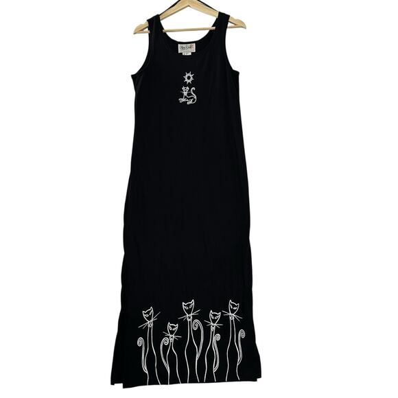 Vtg Cats Maxi Dress Womens 8 Black Cotton Side Slit Artsy Olivia Rose - Picture 1 of 13